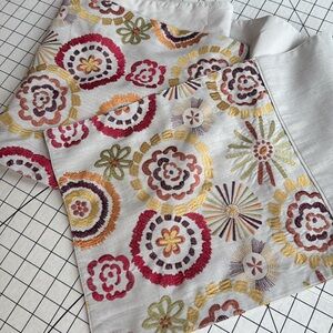 Embroidered Table Runner – Neutral Linen with Multicolor Floral Ends, 15” x 70”